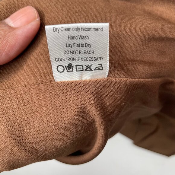 Modbe Chocolate Brown Surplice Wrap Dress Bell Sleeve Ruched Waist Stretchy Midi - Picture 11 of 12